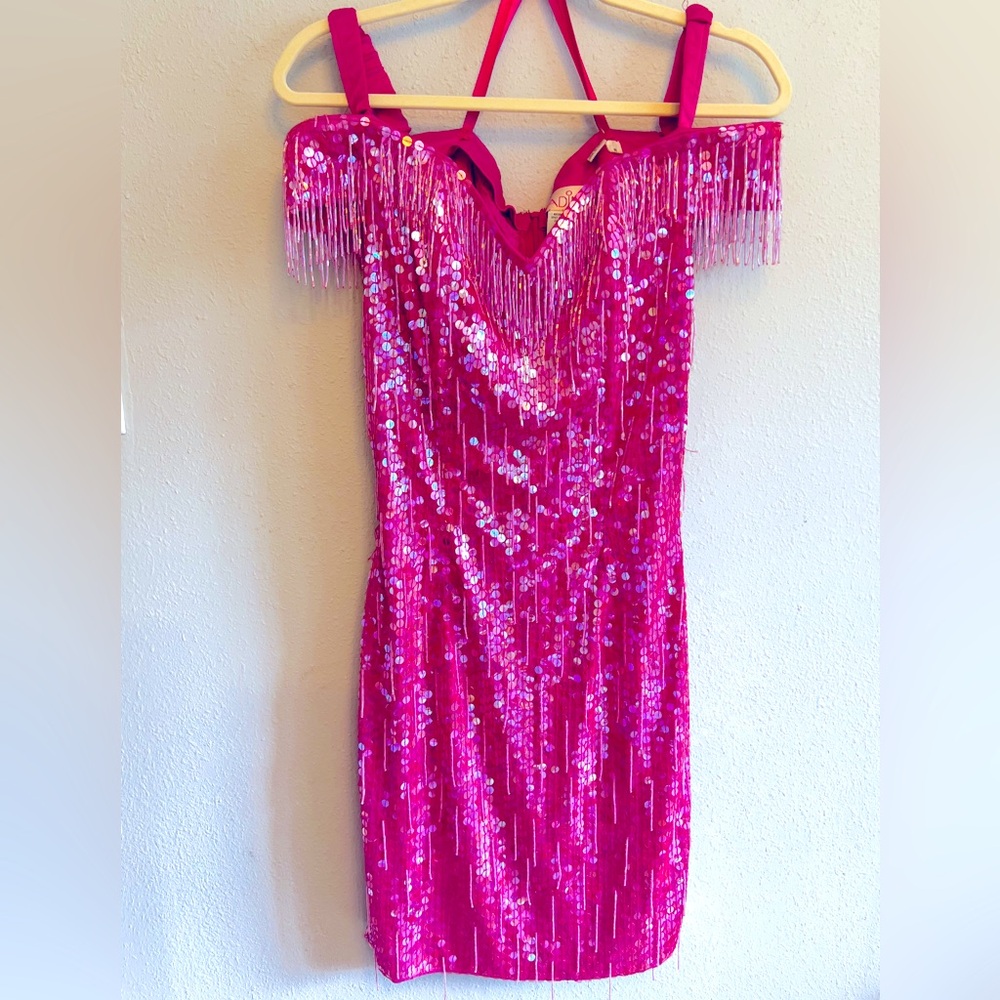 Vintage Nadine Bright Pink Sequins Beaded Fringe Off The Shoulder Dress Small